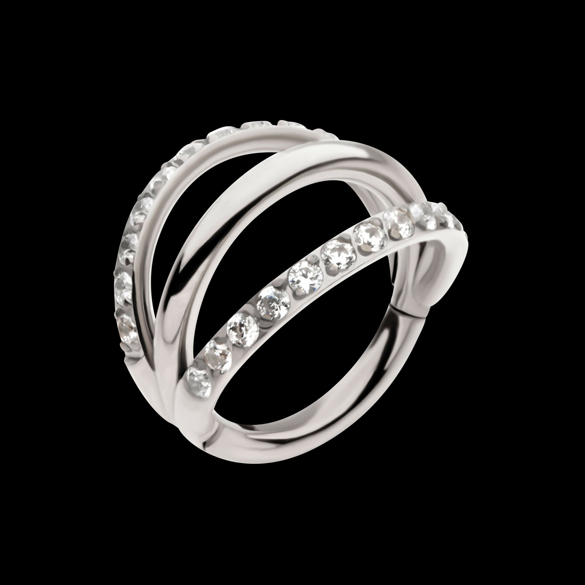 Triple Hoop with CNC Set 1mm Eternity Gem in 2 Alternate Hoops Side Facing Hinged Segment Clicker Earring / Nosering – Titanium