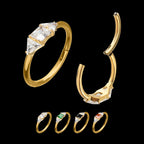 24Kt Gold PVD Titanium Linear Princess & Round Trio Gem Side Facing Hinged Segment Clickers Hoop Earring / Nosering