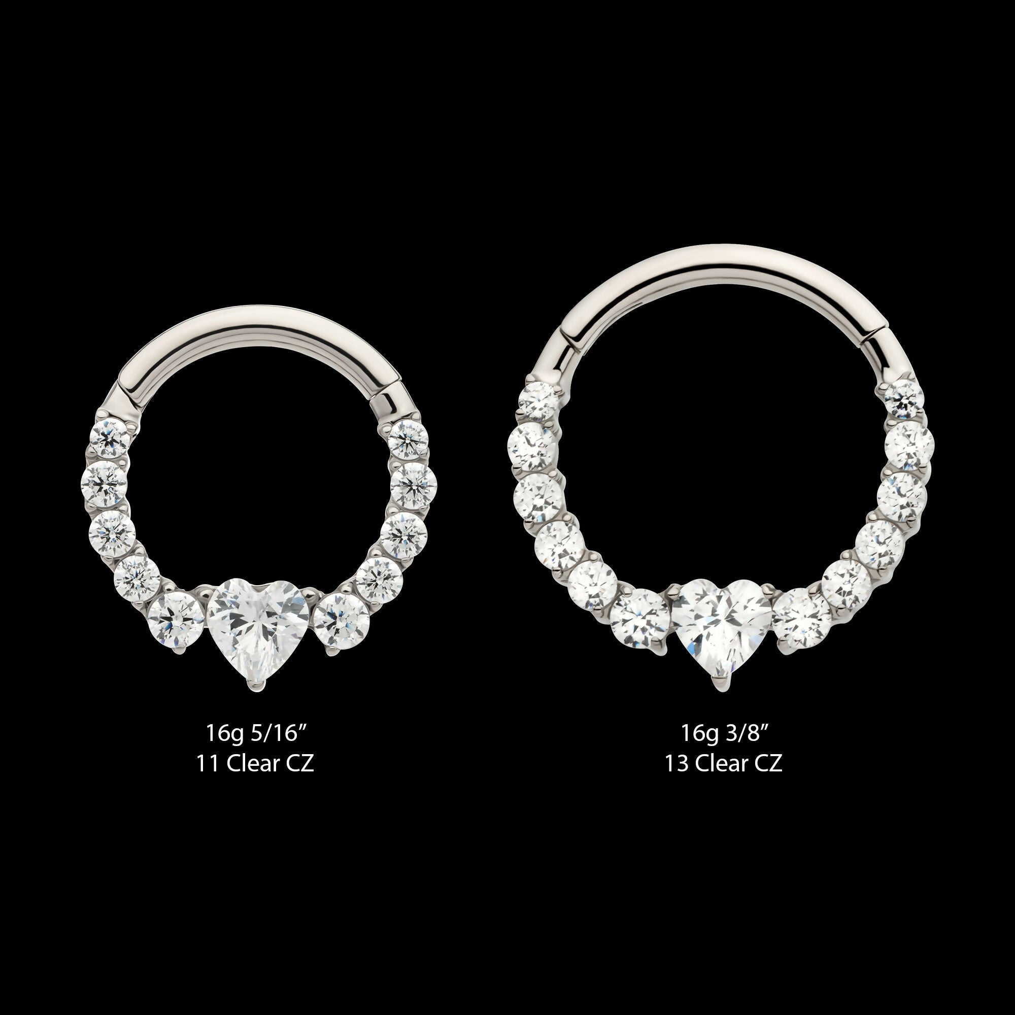 Clustered Prong Set Round CZ with Center Heart CZ Front Facing Hinged Segment Clicker Hoop Earring / Nosering – Titanium