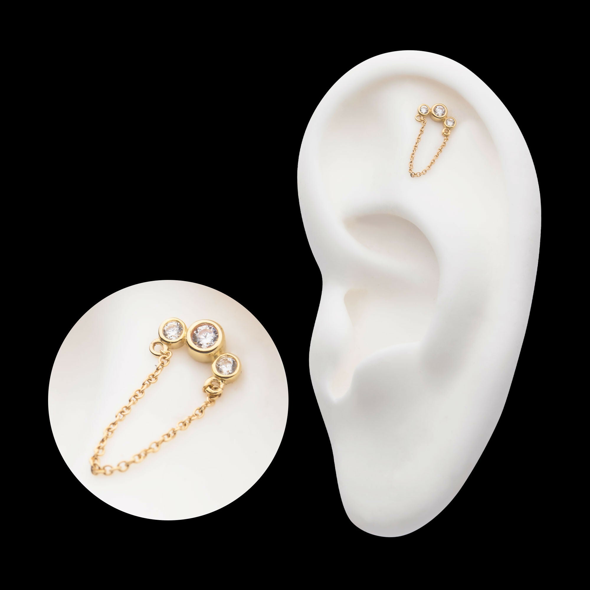 14Kt Yellow Gold Threadless with Bezel Set CZ 3-Cluster Top with Dangling Chain