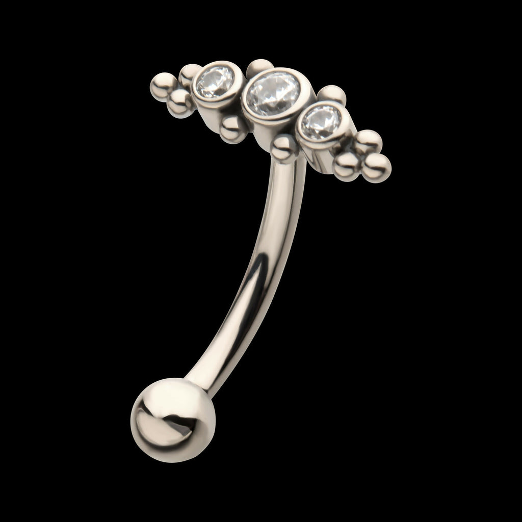 Internally Threaded with Beaded Bezel Set CZ 3-Cluster Fixed Top Curved Barbell Earring / Nosering – Titanium