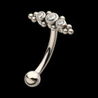 Internally Threaded with Beaded Bezel Set CZ 3-Cluster Fixed Top Curved Barbell Earring / Nosering – Titanium