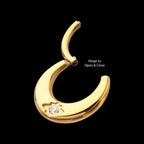 24Kt Gold PVD Titanium Etched Design with Prong Set Gem Sleek Dome Septum Front Facing Hinged Segment Clicker Hoop Earring / Nosering