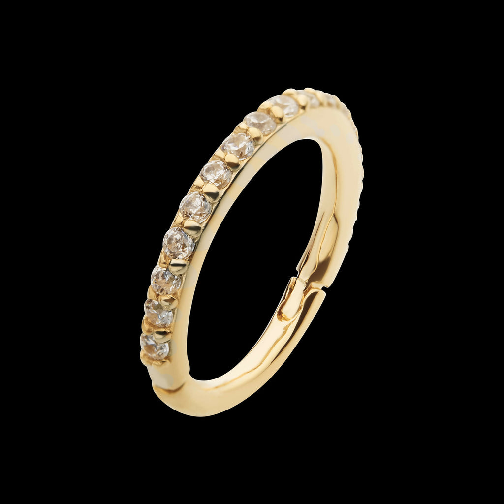 Prong Set 1mm Eternity Round Gem Side Facing Hinged Segment Clicker Hoop Earring / Nosering – 14Kt Gold