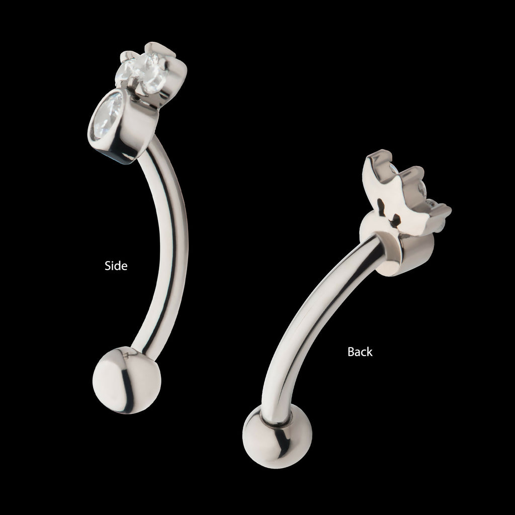 Internally Threaded with 4 Clear AAA CZ Fixed Top Curved Barbell Earring / Nosering – Titanium