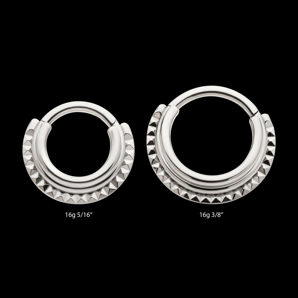 Terraced Triple Stack with Pyramid Stud Front Facing Hinged Segment Clicker Hoop Earring / Nosering – Titanium
