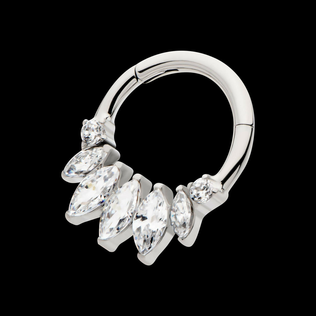 Clustered Prong Set Round & Marquise CZ Front Facing Hinged Segment Clicker Hoop Earring / Nosering – Titanium