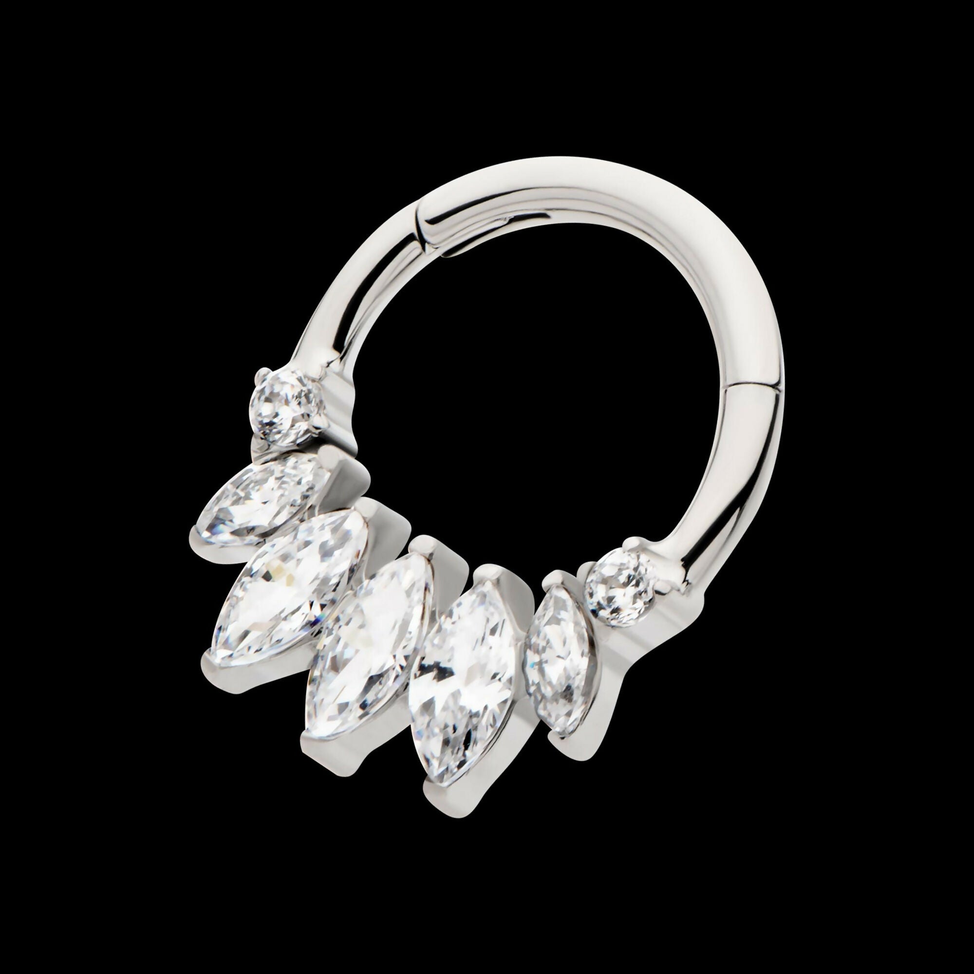 Clustered Prong Set Round & Marquise CZ Front Facing Hinged Segment Clicker Hoop Earring / Nosering – Titanium