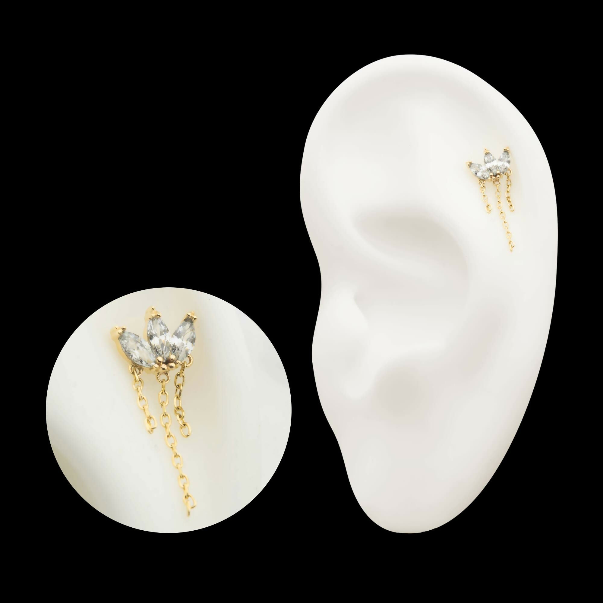 14Kt Gold Threadless 3 Cluster Fan Shape Marquise CZ/Opal Top with Dangle Triple Chain