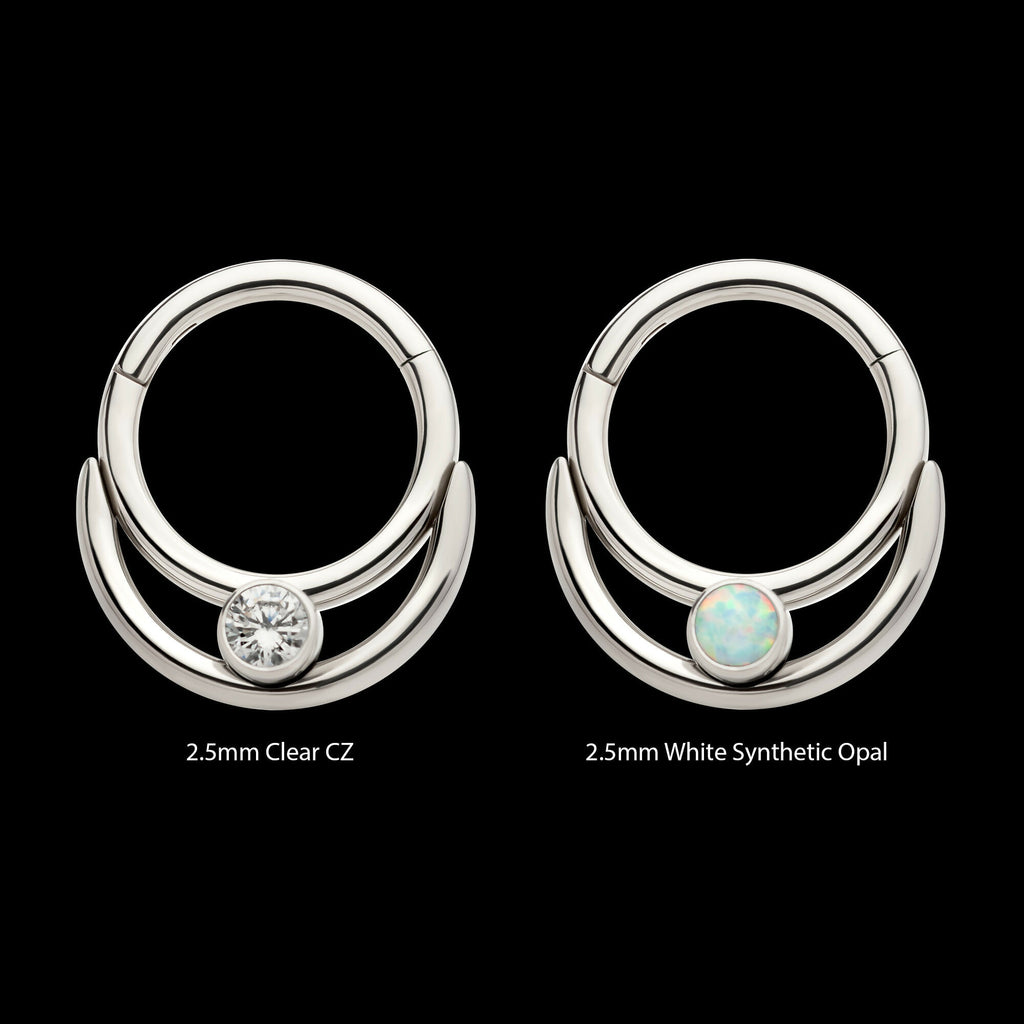 Double Hoop with Round Bezel Set Gem/Opal Front Facing Hinged Segment Clicker Earring / Nosering – Titanium