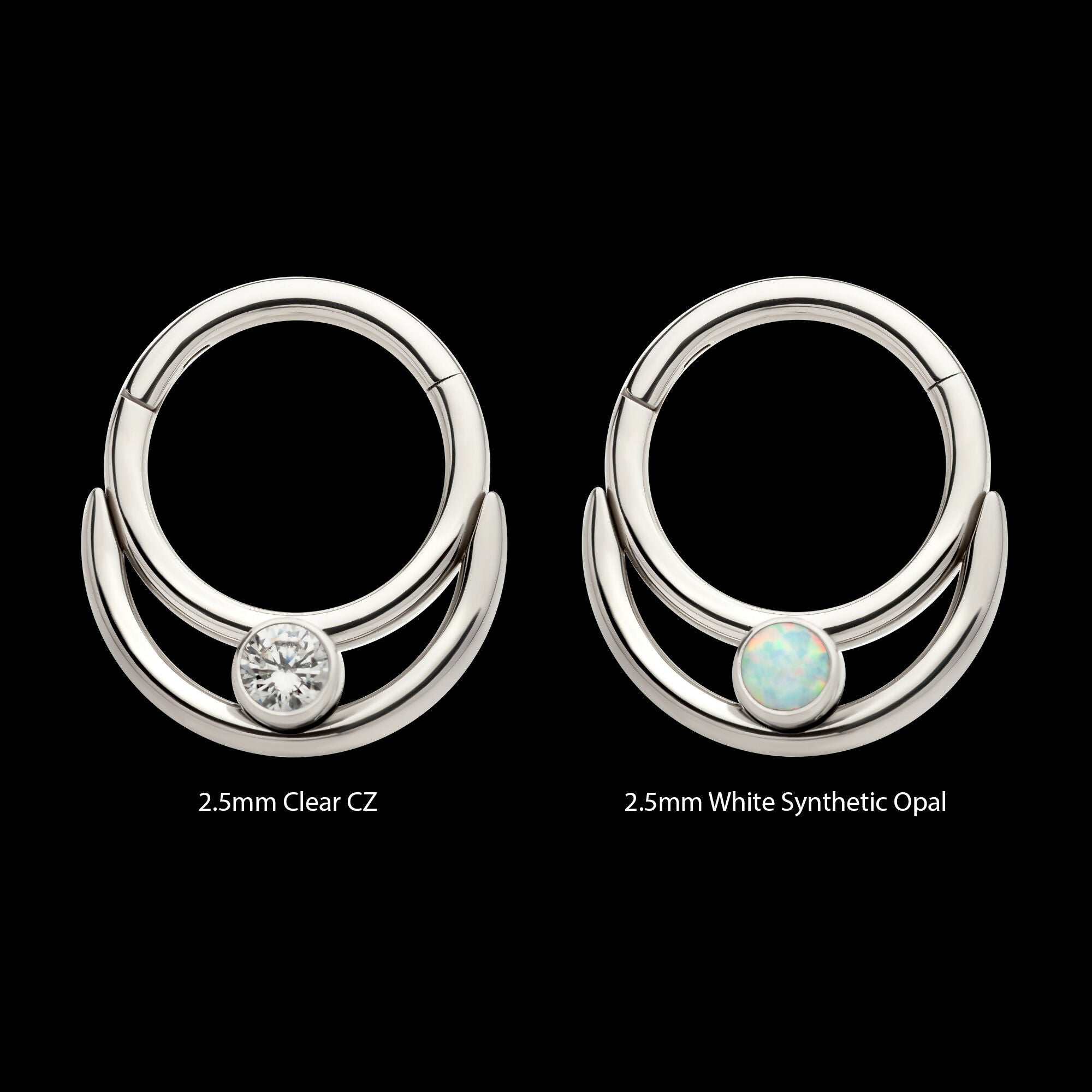 Double Hoop with Round Bezel Set Gem/Opal Front Facing Hinged Segment Clicker Earring / Nosering – Titanium