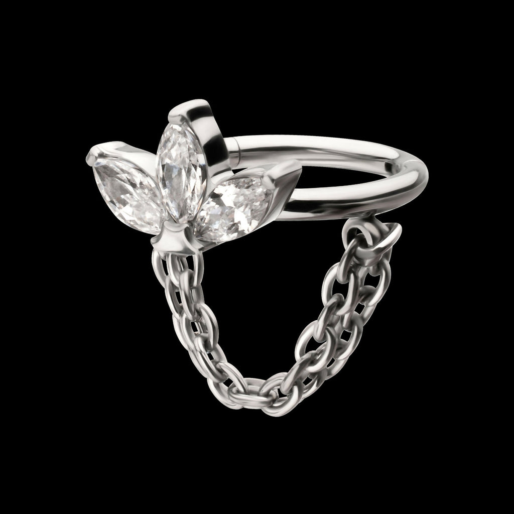 Triple Marquise Gem Cluster Hoop with 2-Tier Chain Dangle Hinged Segment Clicker Earring / Nosering – Titanium