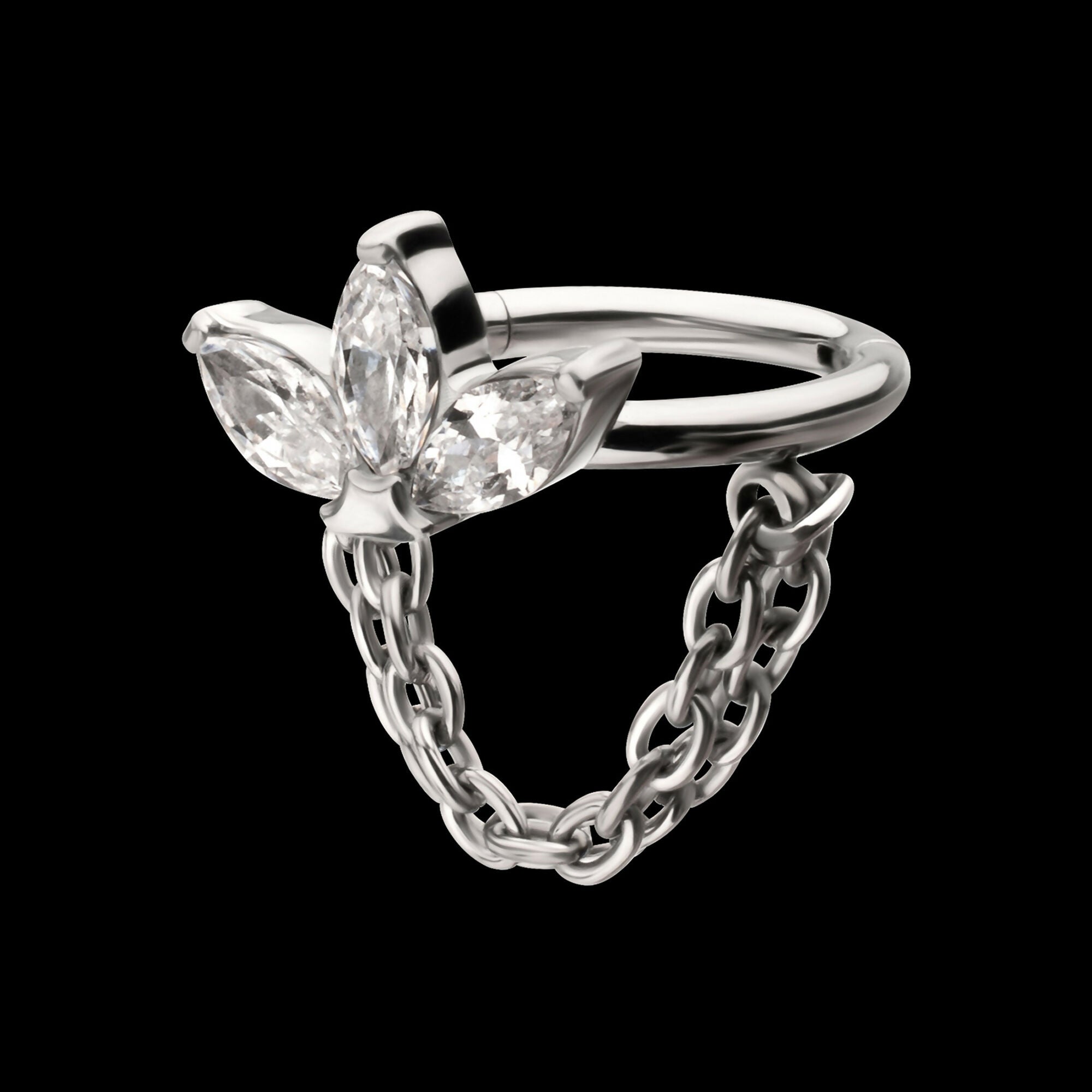 Triple Marquise Gem Cluster Hoop with 2-Tier Chain Dangle Hinged Segment Clicker Earring / Nosering – Titanium