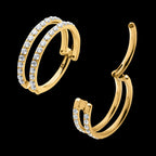 24Kt Gold PVD Titanium Double Row Full Clear CZ Side Facing Hinged Segment Clicker Hoop Earring / Nosering