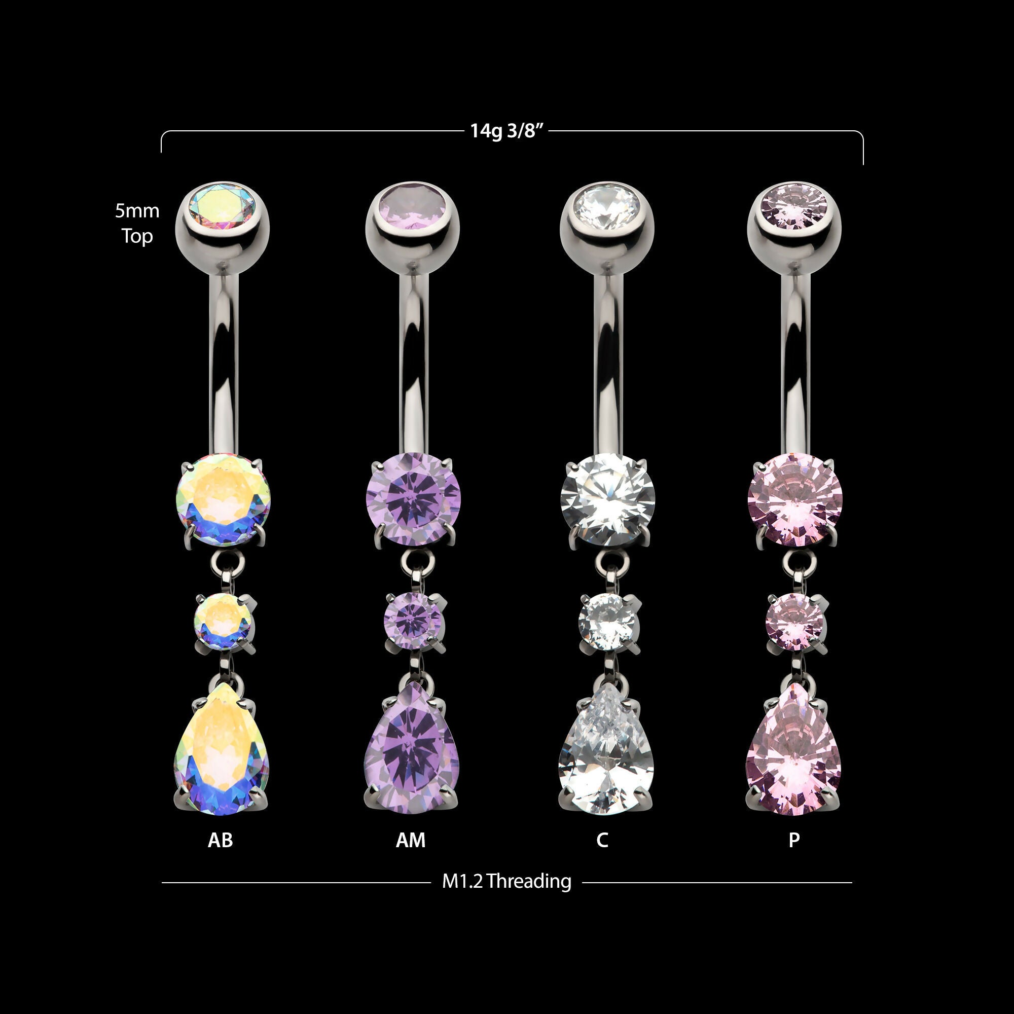 Internally Threaded Double Dangle Prong Set Round and Teadrop Gem Navel Earring / Nosering – Titanium