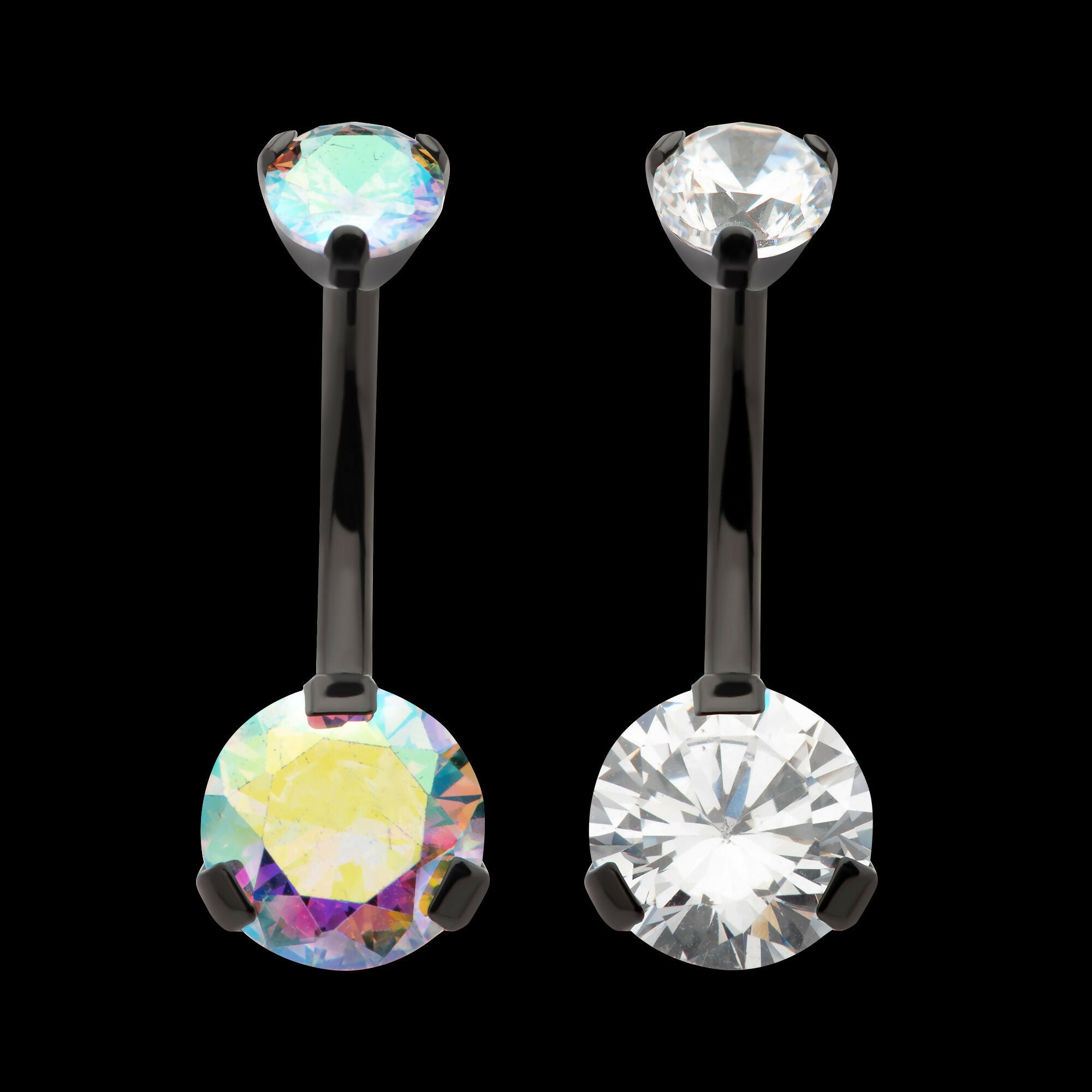 Black PVD Titanium Internally Threaded Prong Set Double CZ Fixed Bottom Navel Ring Earring / Nosering