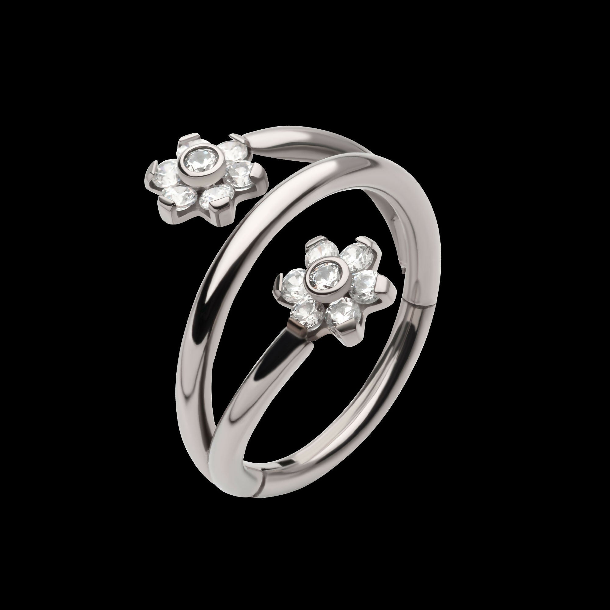 Double Ended Twist Side Facing Hinged Segment Clicker with Flower CZ Hoop Earring / Nosering – Titanium