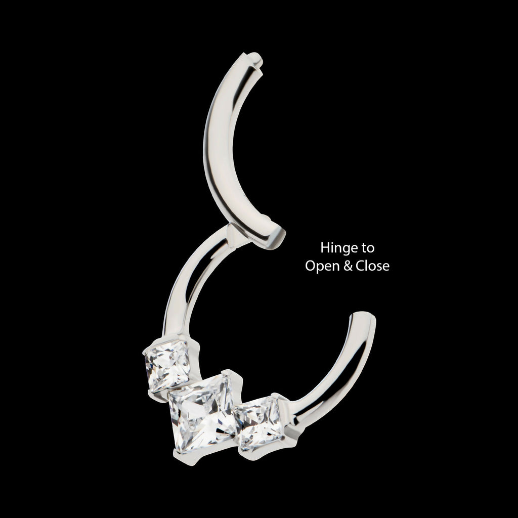 Clustered Prong Set Princess Gem Front Facing Hinged Segment Clicker Hoop Earring / Nosering – Titanium