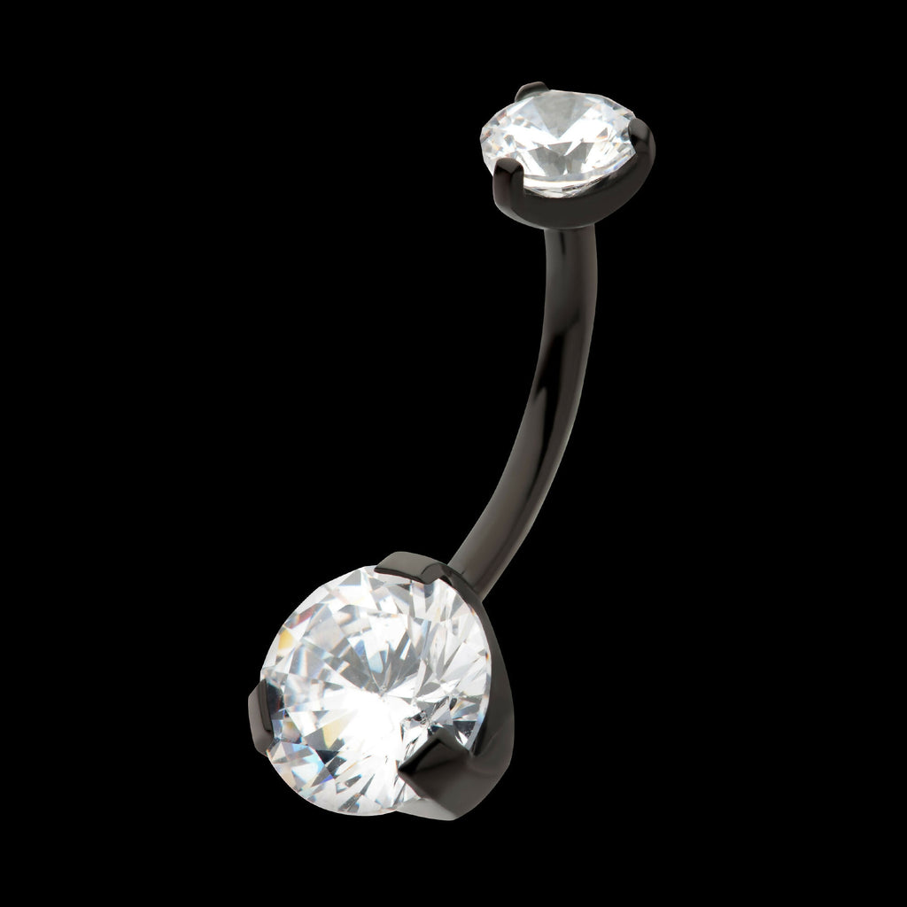 Black PVD Titanium Internally Threaded Prong Set Double CZ Fixed Bottom Navel Ring Earring / Nosering