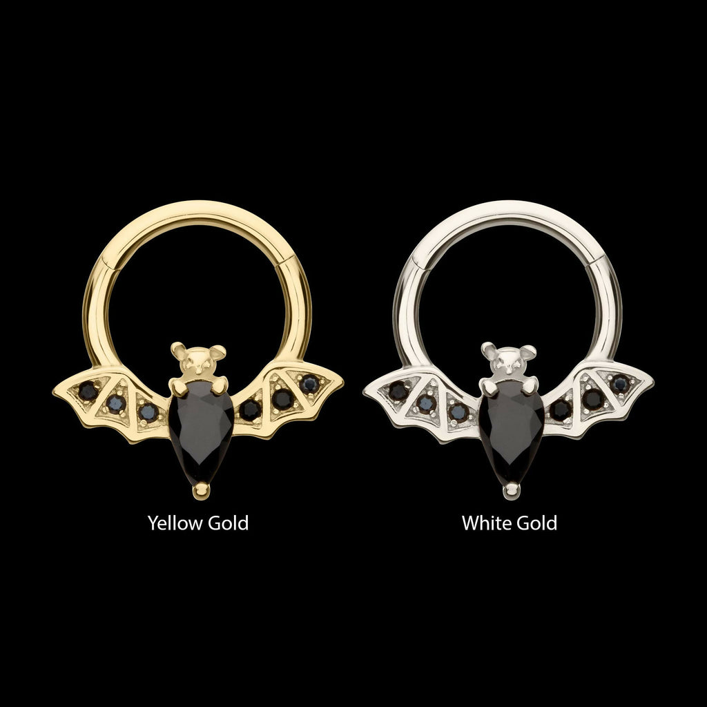 14Kt Gold Flying Bat with Prong Set Black Gem Front Facing Hinged Segment Clicker