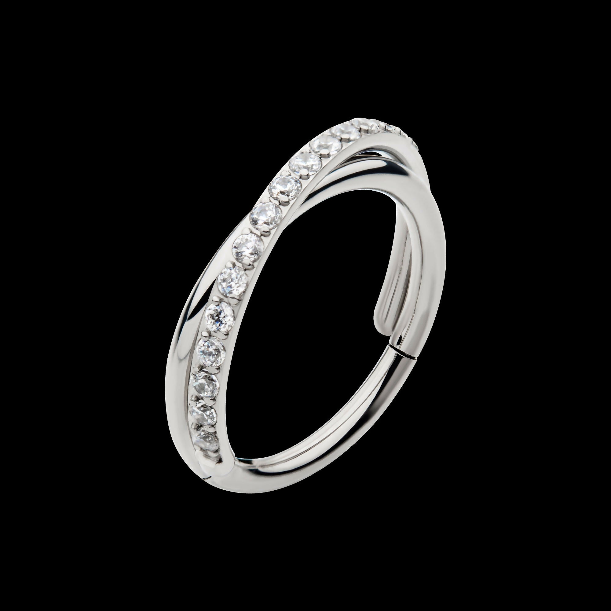 Crisscross with CZ Side Facing Hinged Segment Clicker Hoop Earring / Nosering – Titanium