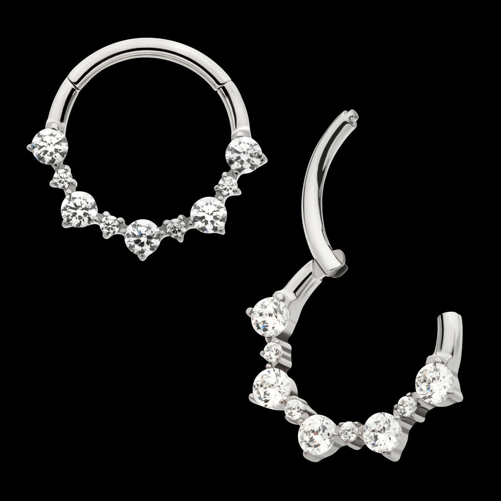 Clustered Prong Set 1mm and 2mm Round CZ Front Facing Hinged Segment Clicker Hoop Earring / Nosering – Titanium