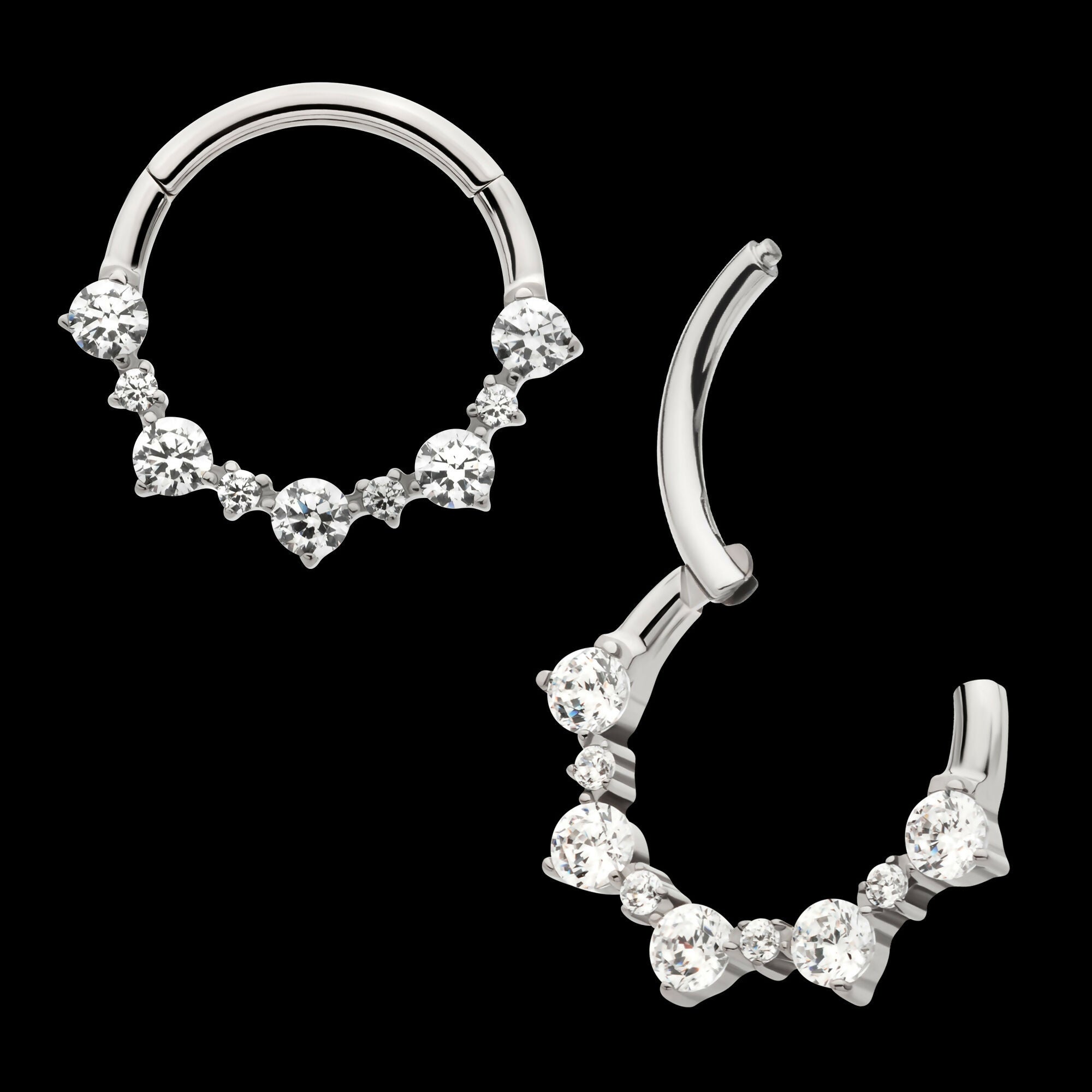 Clustered Prong Set 1mm and 2mm Round CZ Front Facing Hinged Segment Clicker Hoop Earring / Nosering – Titanium