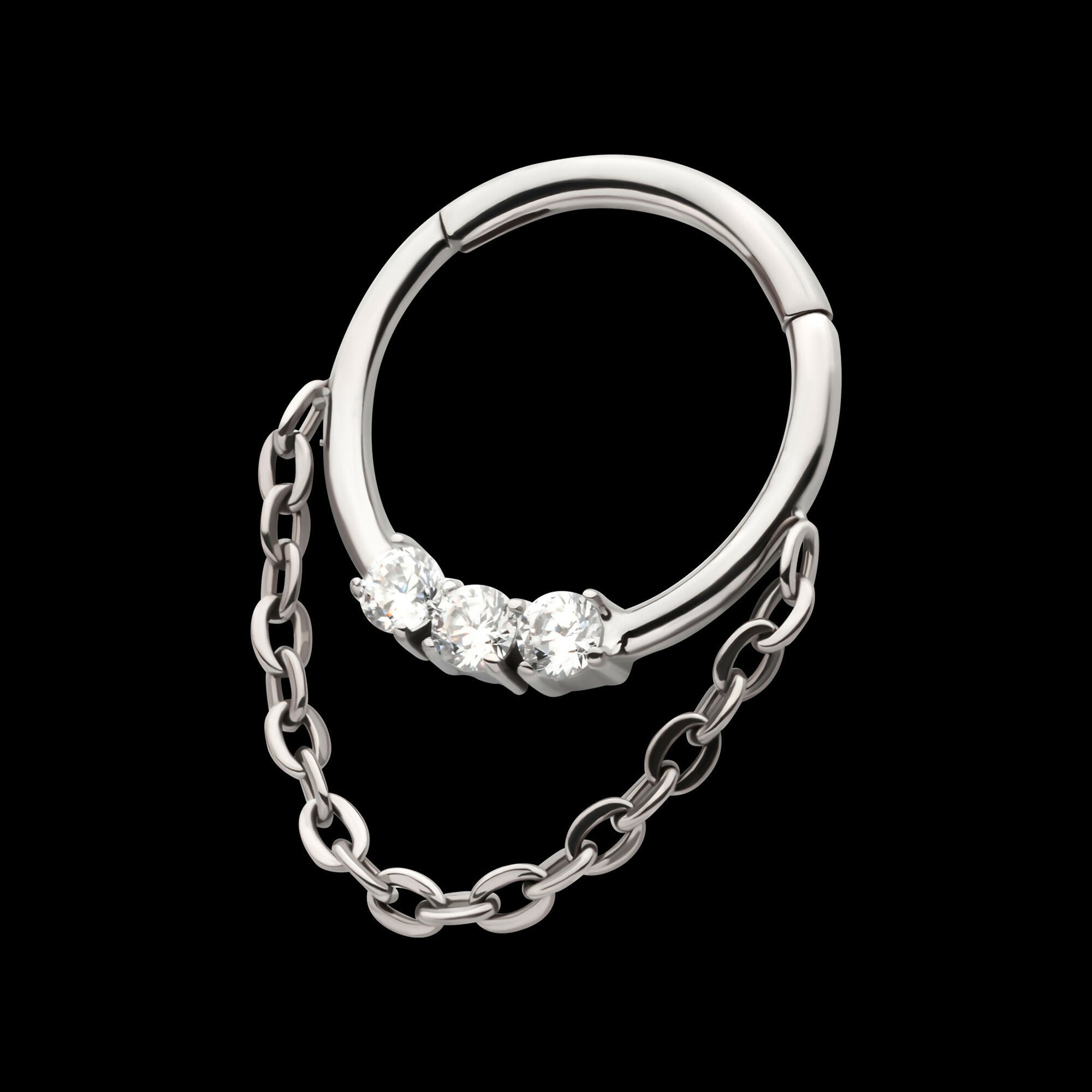 3-Cluster Prong Set Round CZ Front Facing Hinged Segment Clicker with Dangle Chain Hoop Earring / Nosering – Titanium