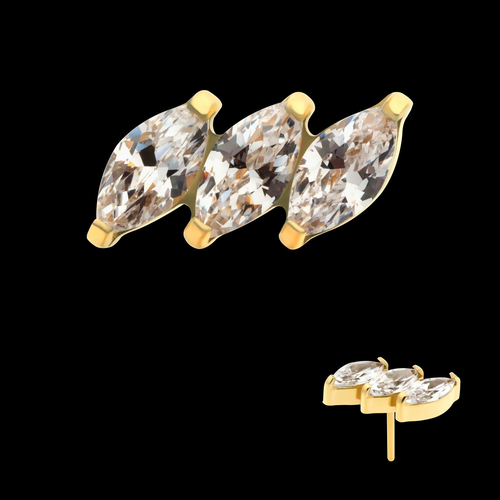 24Kt Gold PVD Titanium Threadless Prong Set Marquise CZ Diagonal 3-Cluster Top