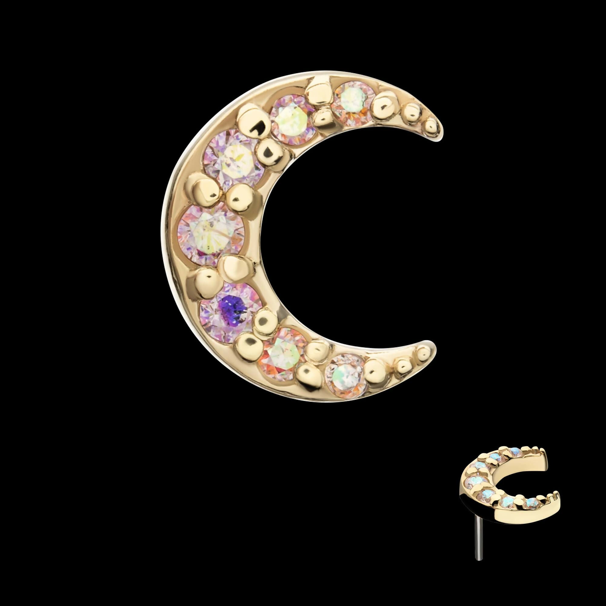 14Kt Yellow Gold Threadless Pave Set Round Gem Crescent Moon Top