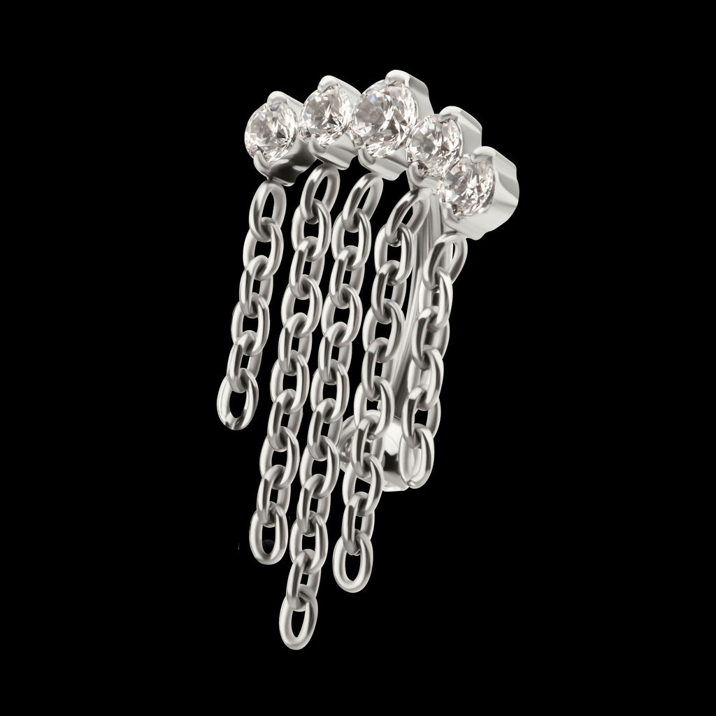 Internally Threaded 5-Cluster Prong Gem Fixed Top Curved Barbell with 5 Chain Dangle Earring / Nosering – Titanium