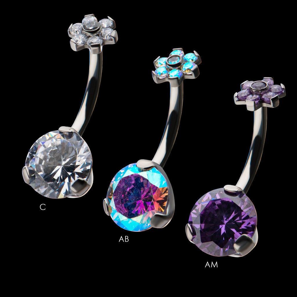 Internally Threaded with Prong Set AAA CZ & Synthetic Opal Flower Top and Round Bottom Fixed Navel Earring / Nosering – Titanium