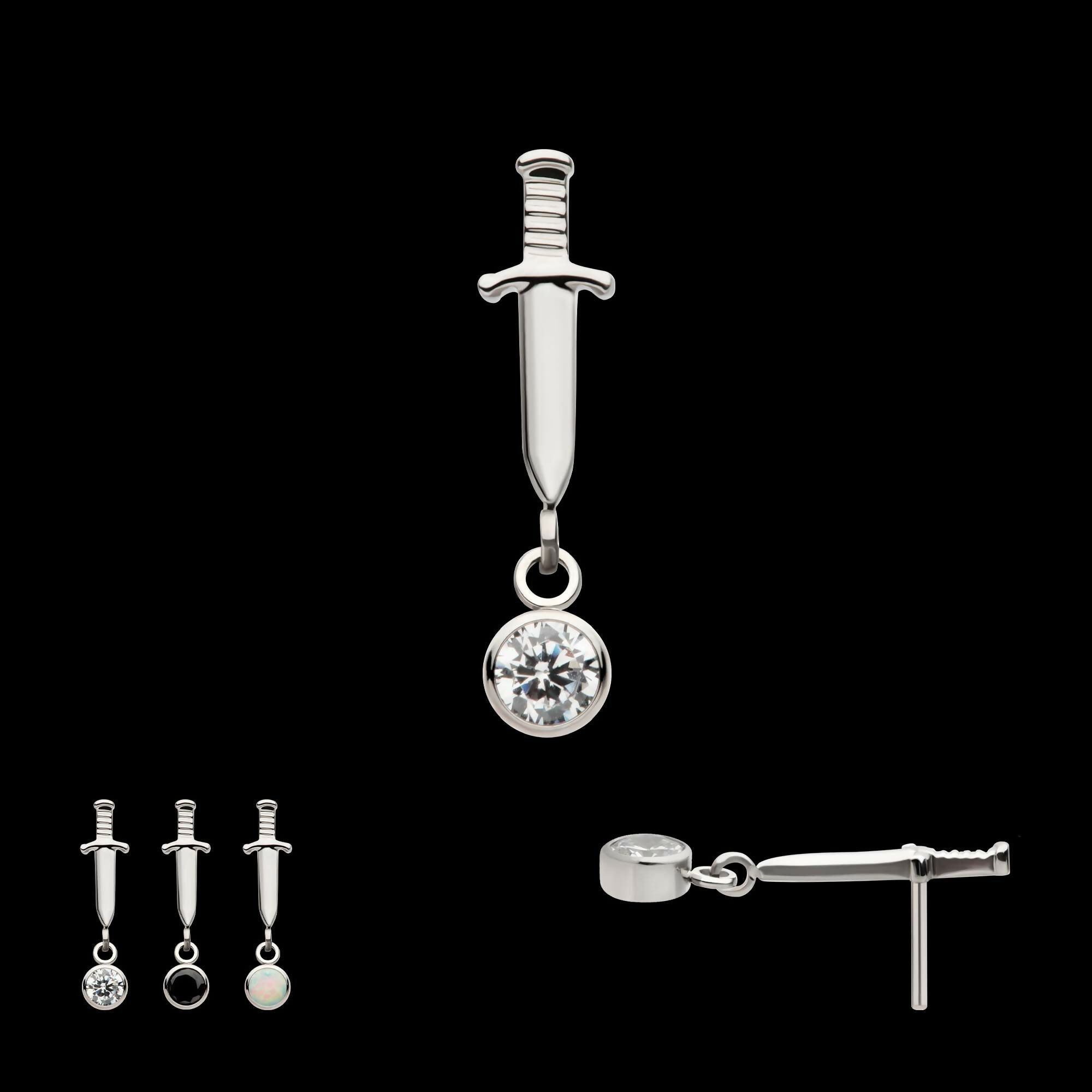 Titanium Threadless Dangle Bezel Round Gem Dagger Top