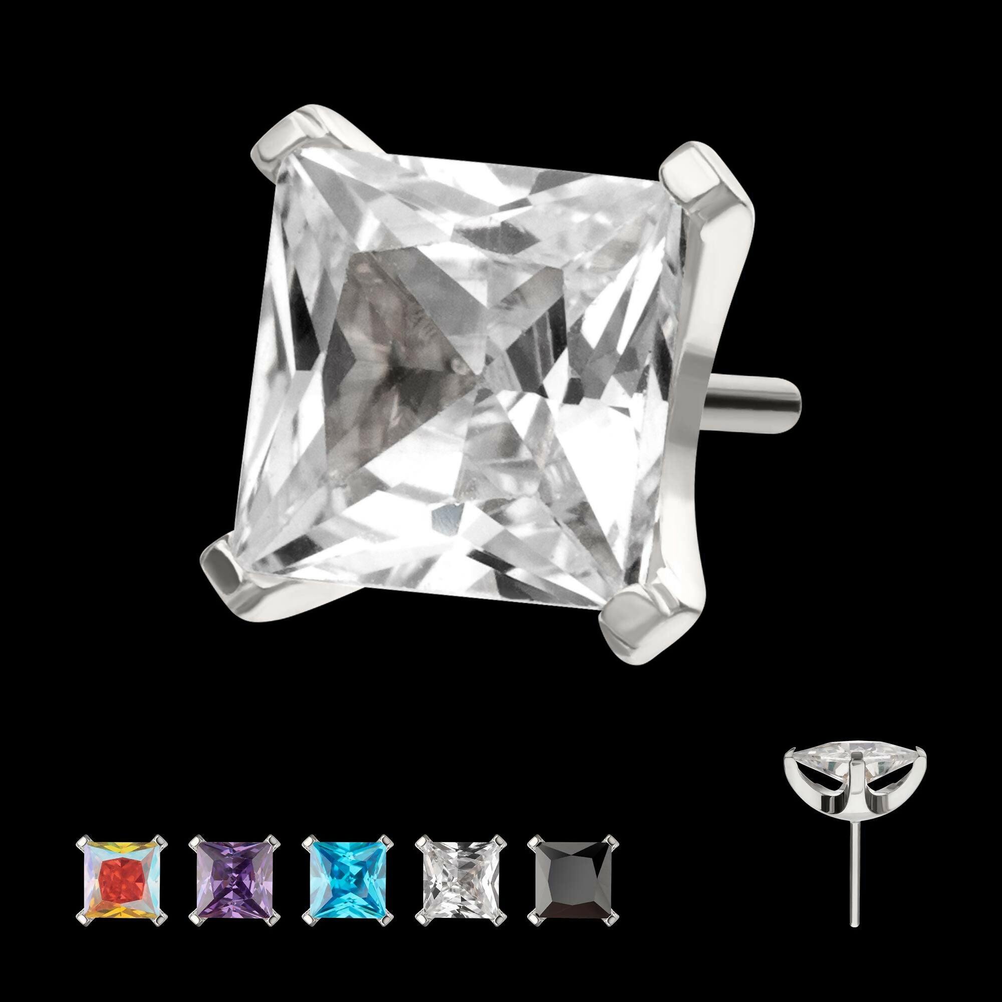 Titanium Threadless 4 Prong Princess Cut Gem Top