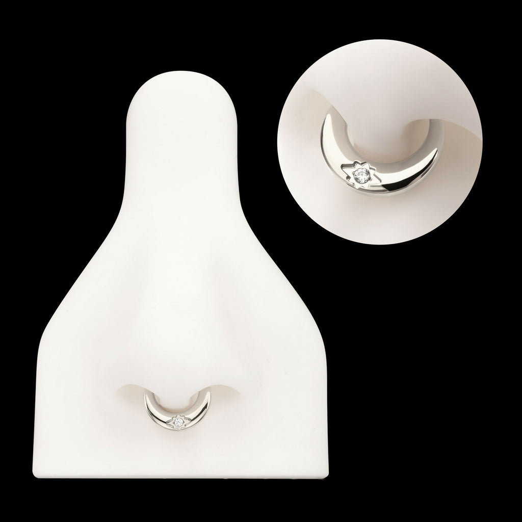 Etched Design with Prong Set Gem Sleek Dome Septum Front Facing Hinged Segment Clicker Hoop Earring / Nosering – Titanium