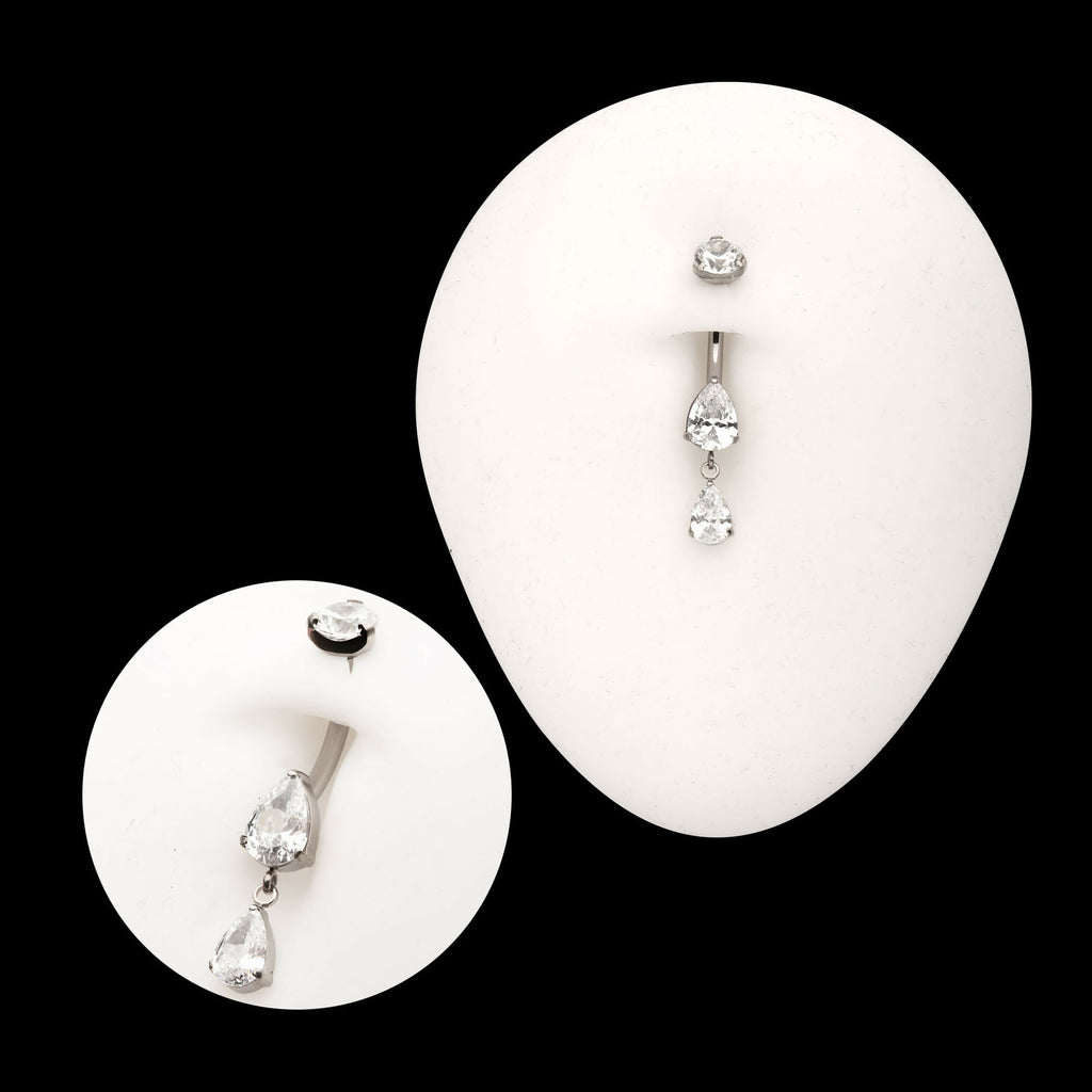 Internally Threaded Double Dangle Prong Set Teardrop Gem Navel Earring / Nosering – Titanium