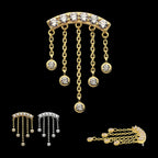 14Kt Gold Threadless 6 Cluster CZ Curved Bar Top with 5 Gemmed Dangle Chains