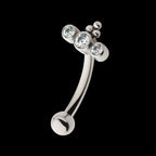 Internally Threaded with Tri Bead & 3-Cluster Bezel Set Clear AAA CZ Fixed Top Curved Barbell Earring / Nosering – Titanium
