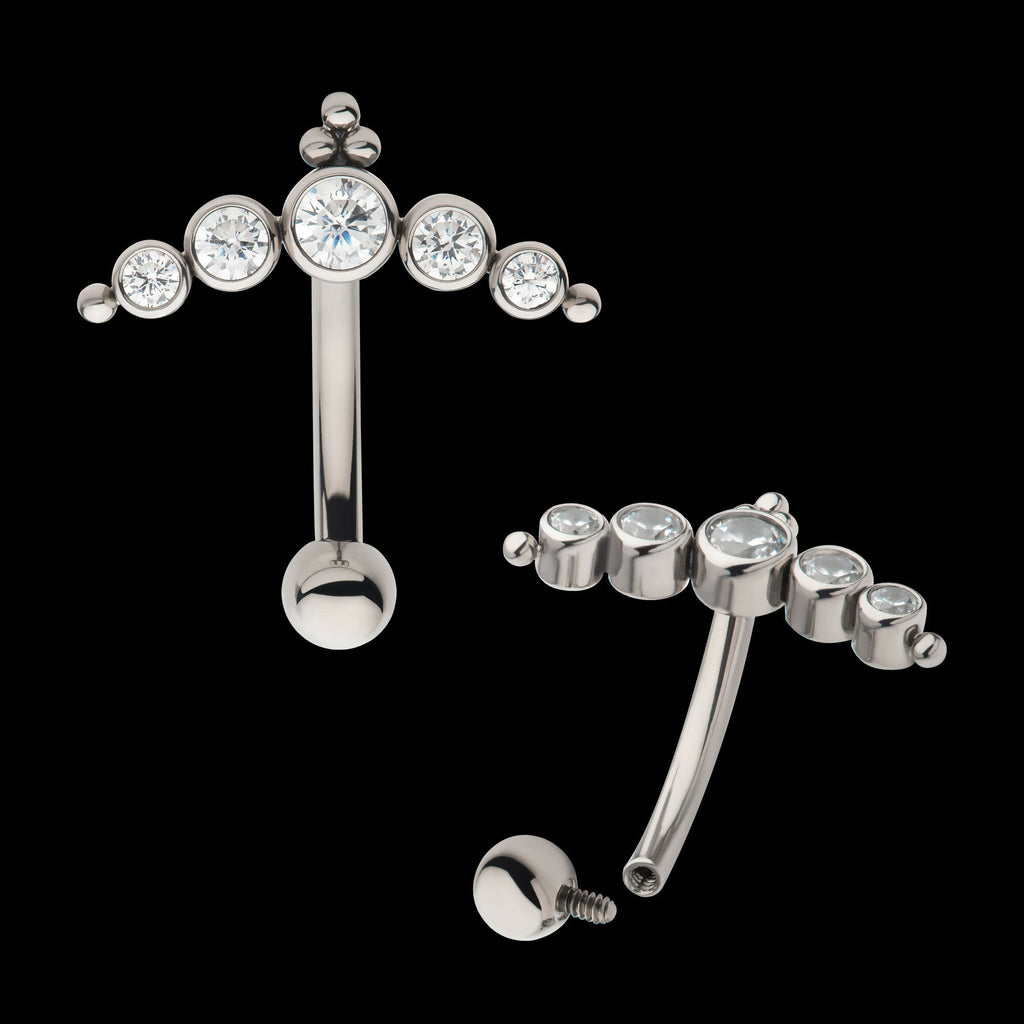 Internally Threaded with Tri Bead & 5-Cluster Bezel Set Clear AAA CZ Fixed Top Curved Barbell Earring / Nosering – Titanium