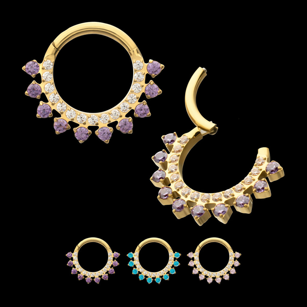 24Kt Gold PVD Titanium Double Row CZ Multi-Gem with Clear CNC Set Inner Gem Front Facing Hinged Segment Clicker Hoop Earring / Nosering