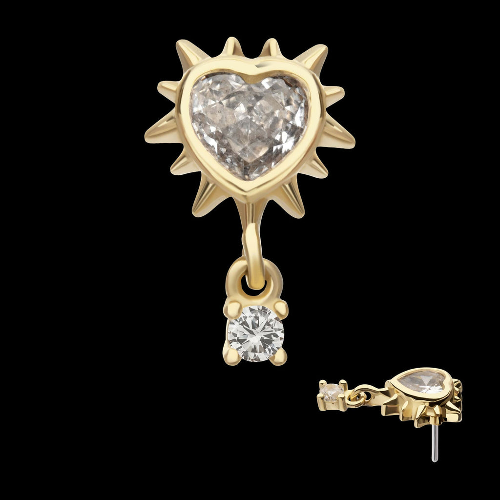14Kt Yellow Gold Threadless Spike Edge Bezel Heart Gem Top with Prong Set Round Dangle