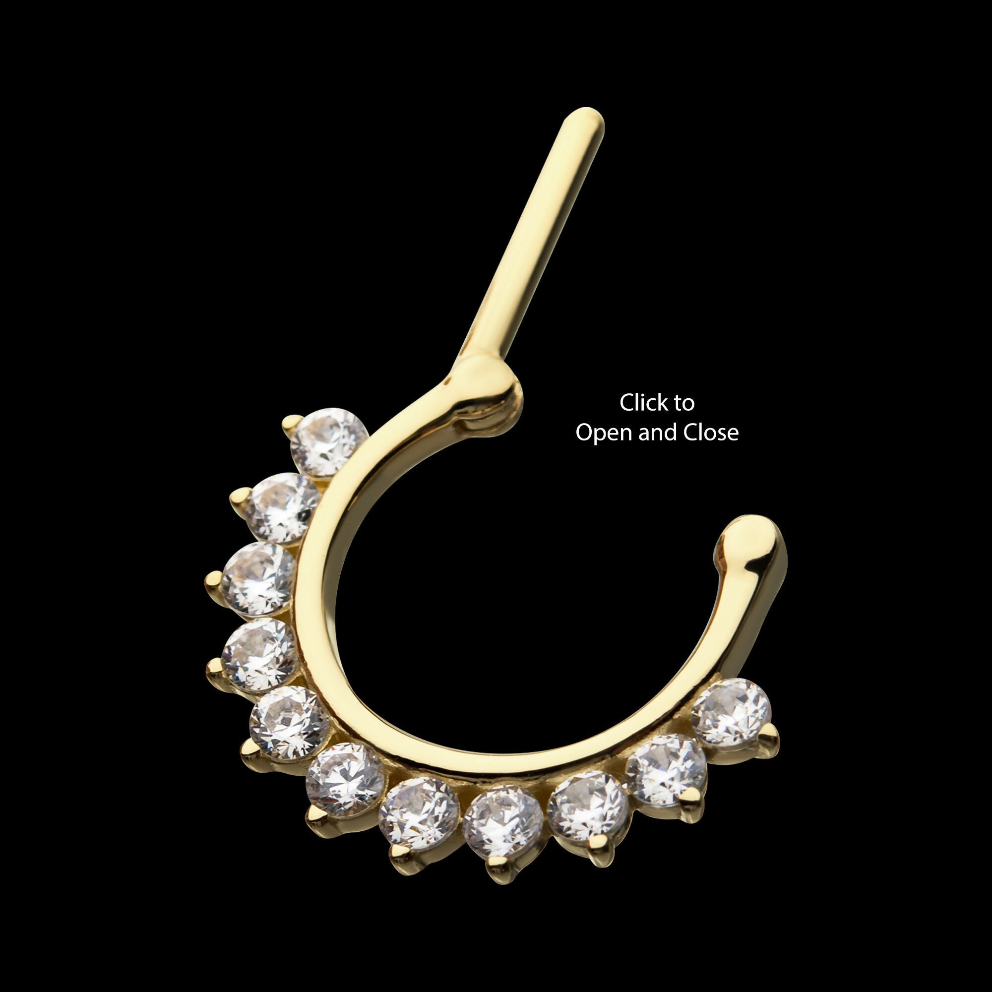 11 Prong Set 2mm Clear CZ Gems Septum Clicker Hoop Earring / Nosering – 14kt Yellow Gold