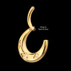 24Kt Gold PVD Titanium Triple Etched Design with Prong Set Gem Sleek Dome Septum Front Facing Hinged Segment Clicker Hoop Earring / Nosering