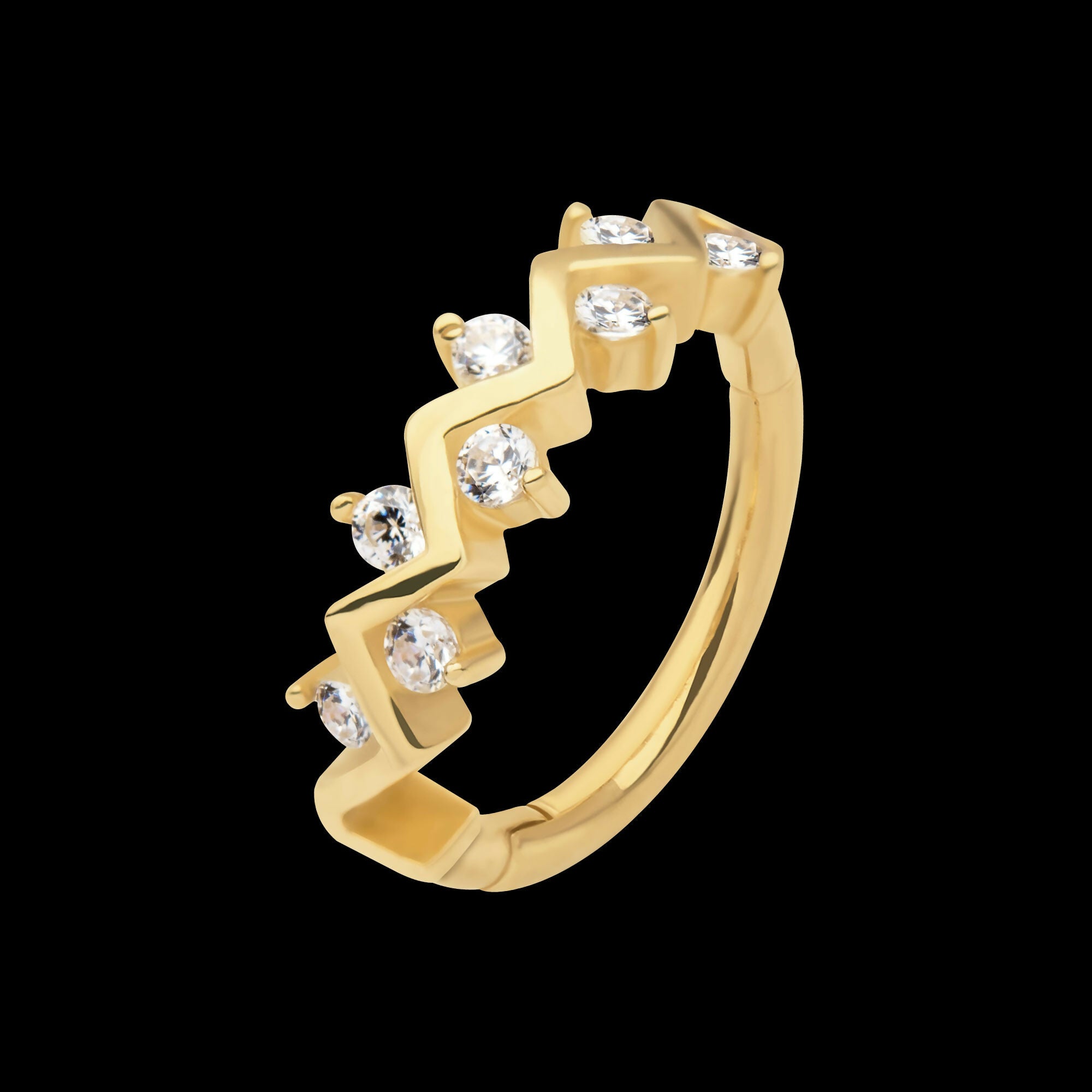 8-Cluster Alternating Prong Set Clear CZ Side Facing Hinged Segment Clicker Hoop Earring / Nosering – 14Kt Yellow Gold