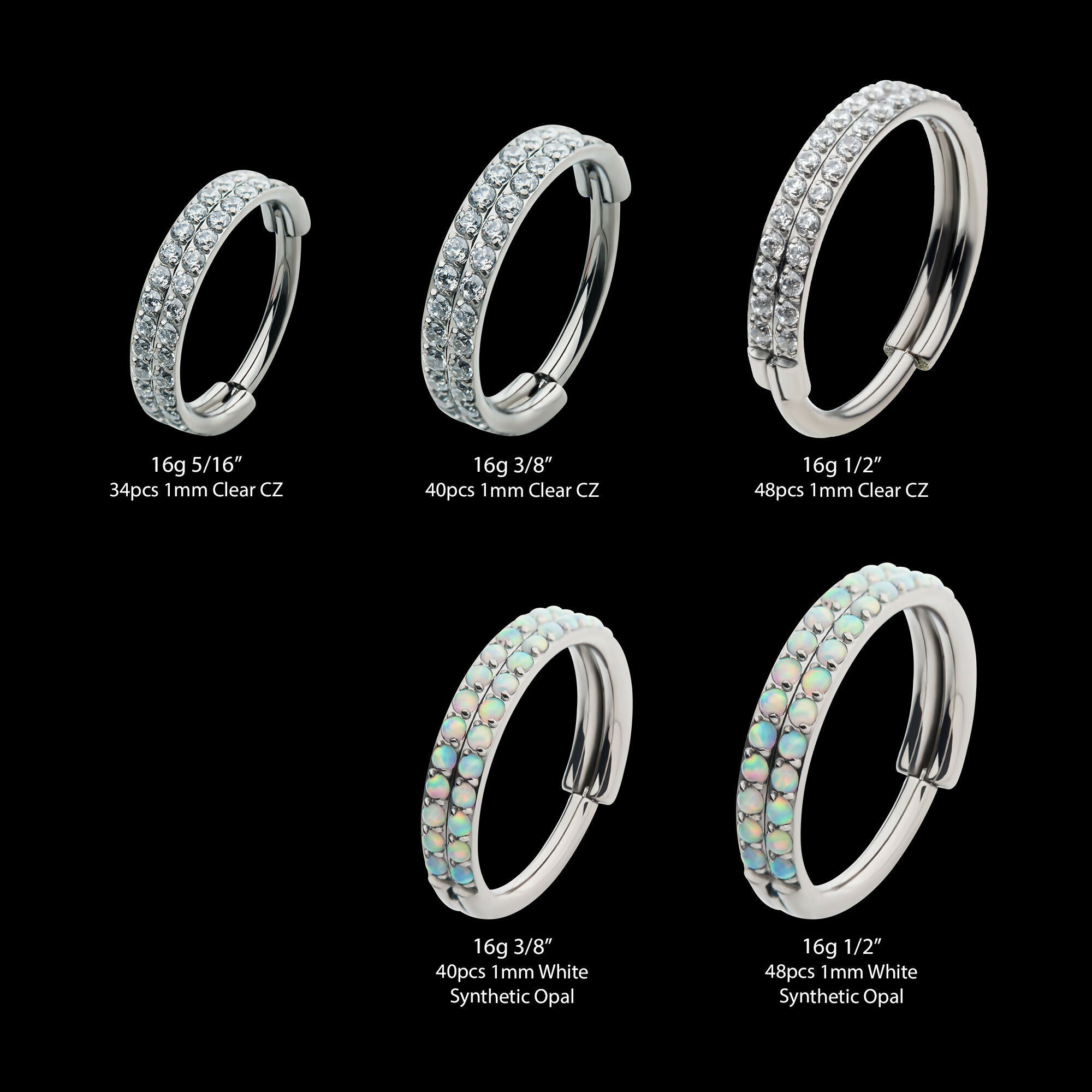Double Row Prong Set Round CZ/Opal Side Facing Hinged Segment Clicker Hoop Earring / Nosering – Titanium