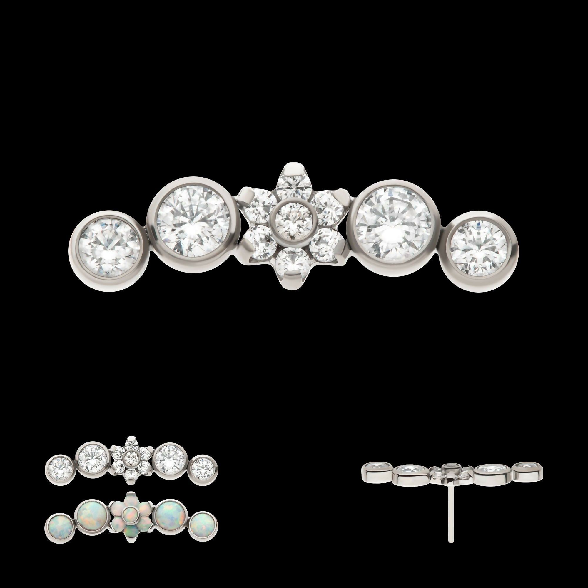 Titanium Threadless Prong Set Flower with Bezel Set Round CZ/Opal Cluster Top