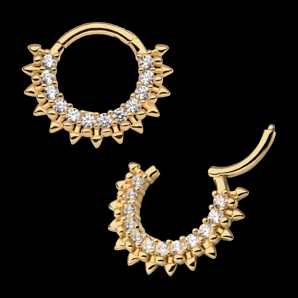 12-Cluster Prong Set Clear CZ Spiked Edge Front Facing Hinged Segment Clicker Hoop Earring / Nosering – 14Kt Yellow Gold