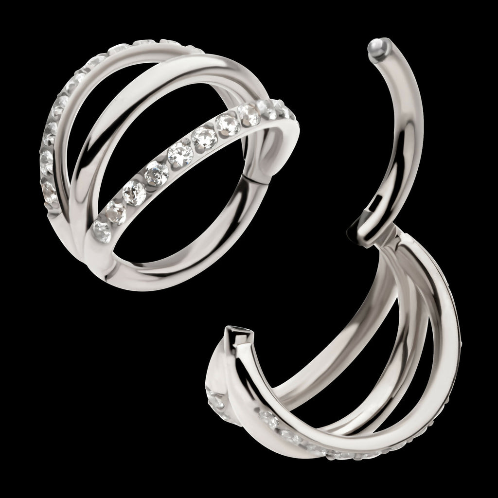 Triple Hoop with CNC Set 1mm Eternity Gem in 2 Alternate Hoops Side Facing Hinged Segment Clicker Earring / Nosering – Titanium