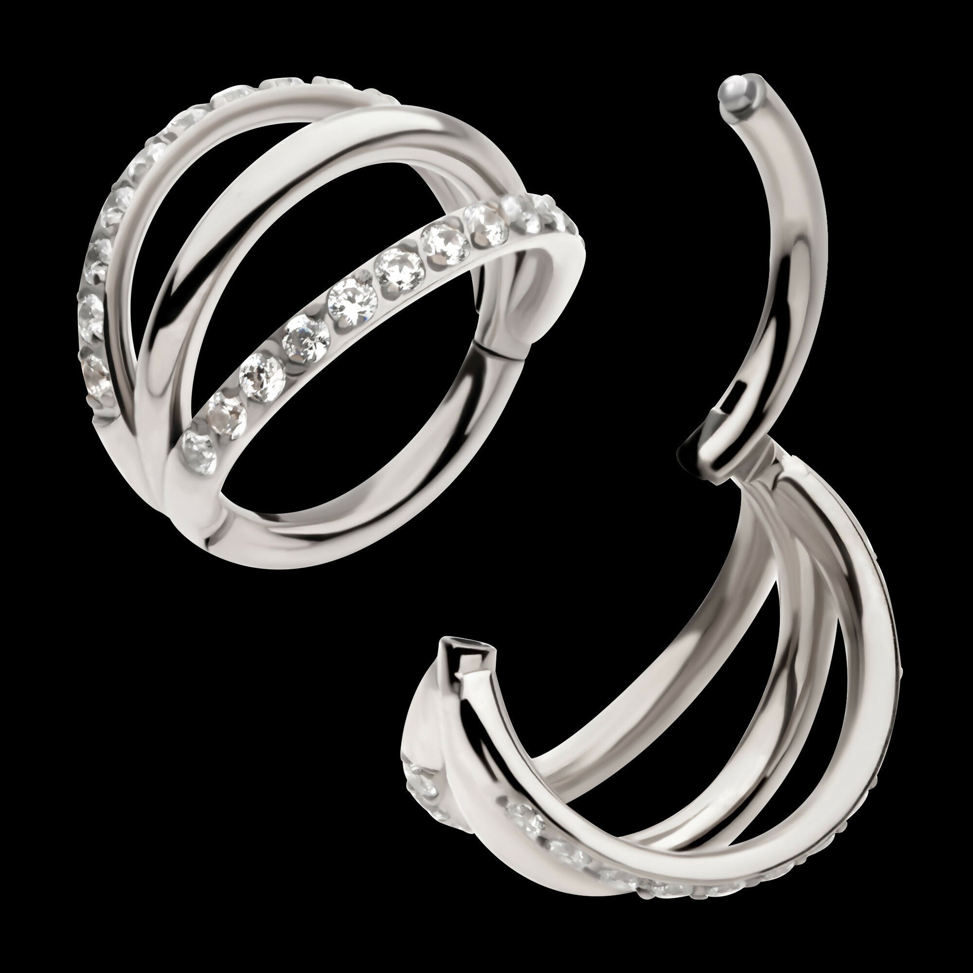 Triple Hoop with CNC Set 1mm Eternity Gem in 2 Alternate Hoops Side Facing Hinged Segment Clicker Earring / Nosering – Titanium