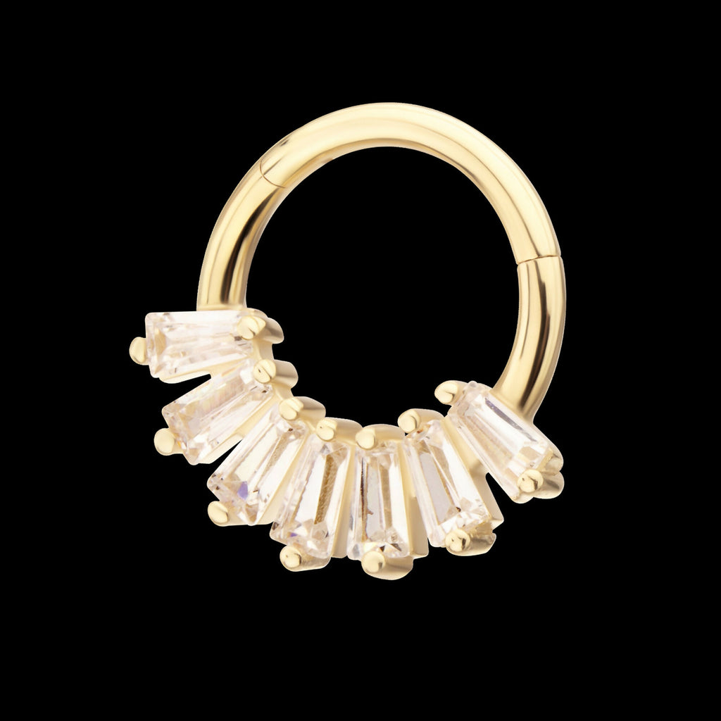 7-Cluster Baguette Prong Gem Front Facing Hinged Segment Clicker Hoop Earring / Nosering – 14Kt Gold